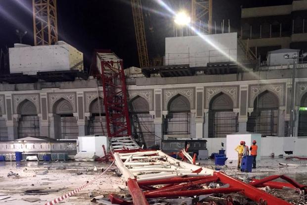 COLLAPSE — This photo from 3-1/2 years ago shows the crane that was blown over in a storm and crashed over the wall of the Grand Mosque in Mecca, killing more than 100 pilgrims on the other side.