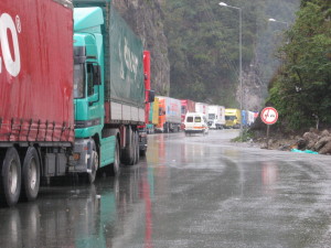 QUEUE — Turkish trucks were lined up at the border a few months ago waiting, waiting, waiting to get into Iran.