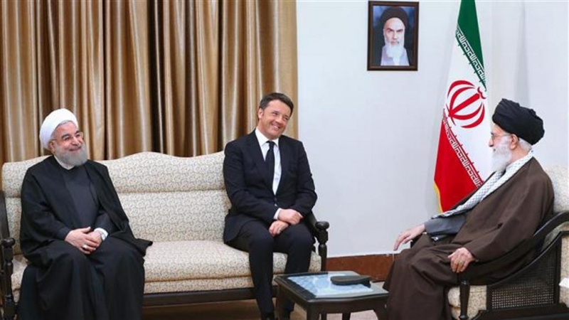 OPEN DOOR POLICY — Where once the Supreme Leader just ignored European visitors to Iran, now he receives them all with a smile.  Here he is Monday with Italian Prime Minister Matteo Renzi, the highest ranking European to come to Tehran since sanctions were lifted.