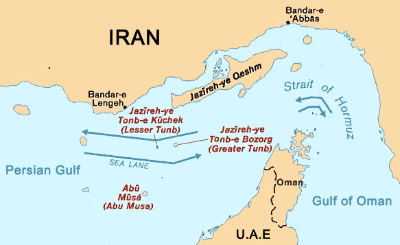 PASSAGES — The Strait of Hormuz is an international waterway, though Iran likes to treat it like it’s the Islamic Republic’s personal bathtub.  The arrows on the map show the sea lanes used by ships entering and leaving the Persian Gulf.  The three islands identified inside the Persian Gulf are claimed by Iran—and also by the United Arab Emirates.