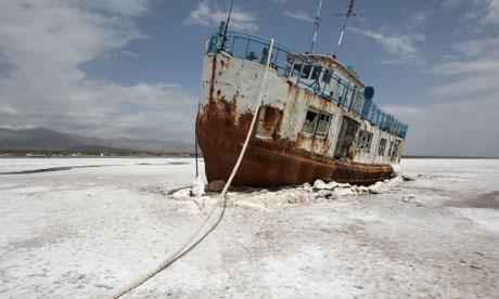 STRANDED — The shrinkage of Lake Urumiyeh has left a number of ships stranded on the salt flats.