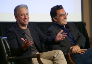 INTERROGATION — “Rosewater” director Jon Stewart (left) and and subject Maziar Bahari were interviewed together as the film was being released.