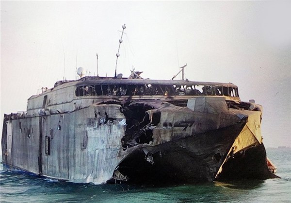 STRUCK — This is the UAE Navby’s catamaran after it was hit by a missile.  Iran said it was sunk.