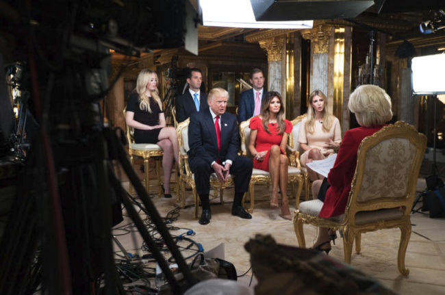 FIRST FAMILY — Lesley Stahl (far right) of “60 Minutes” interviewed the president-elect and his family.  From left, Tiffany, Eric, Donald sr., Donald jr., Melania and Ivanka.  Ten-year-old Baron didn’t appear.