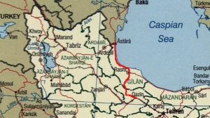 MISSING LINKS — The thin red line shows the rail link from Qazvin to the Azerbaijani border.