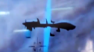 TARGET — This is a still shot from a video in Farsi saying it shows an American drone being watched by an Iranian drone over southern Syria.