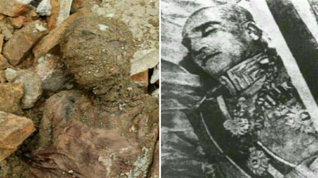 COMPARING — Ther gauze-wrapped corpse found south of Tehran is seen at left.  At right is a 1944 photo of Reza Shah in his coffin. 