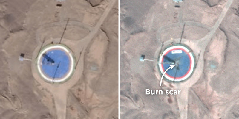 FAILURE — The satellite photo at left shows a rocket on a launch pad February 5 at Iran’s space center in Semnan.  At right, the pad is seen the next day with a burn scar showing the rocket was launched­—but no satellite orbited.