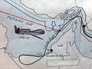 PROOF — To prove Iran knew where the US drone was flying, it released these two maps, the one above from the Foreign Ministry and the one below from the Pasdaran.  Both show the track of the drone—but they show differemt tracks, in blue above and in green below.  They both show the drone took off from near Dubai in the UAE and then flew a giant loop.  But the Foreign Ministry shows the loop flown over water while the Pasdaran show the loop flown over land to the south.