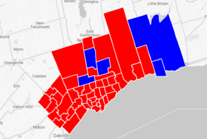 MOSTLY LIBERAL — This is a map of the Greater Toronto Area (GTA) showing the national parliamentary election ridings. The two ridings won by Iranian-Canadian Liberals are indicated and are very close together.