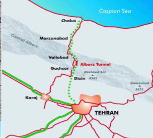 NEW — The new highway is the solid line from Karaj to Chalus. The sections that punch through the high peaks of the Alborz Mountains are nowhere near completion.