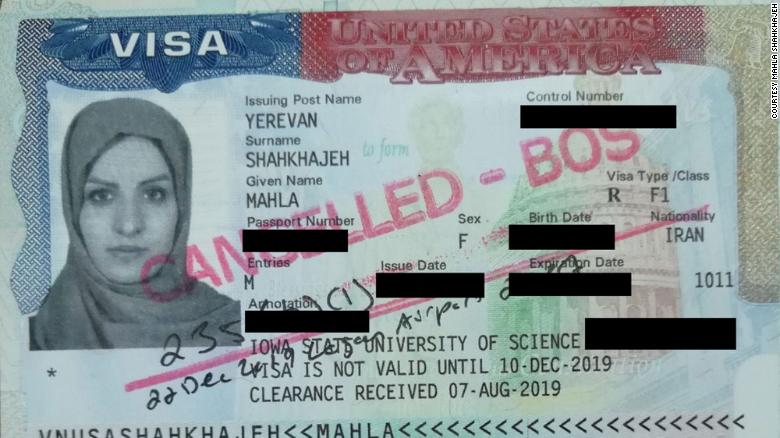 A canceled Iranian student’s visa to the US