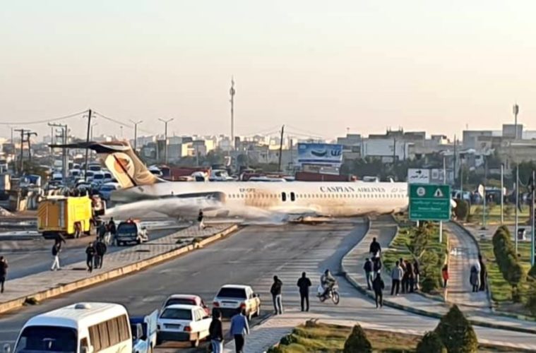 A ROAD TOO FAR — A Caspian Airlines plane ended up on this highway in Mahshahr. 