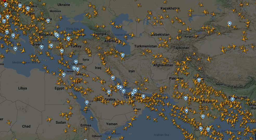 DOUGHNUT HOLE — This is a still shot from the website FlightRadar24, which shows a continuous picture of all the commercial aircraft in the sky.  As can be seen, few planes are using Iran, a natural air corridor between Europe and Asia, since Iran shot down a Ukrainian airliner.