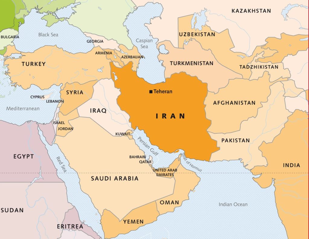 US PRESENCE — The map shows the number of US troops believed in the area west of Iran.  In addition there are about 14,000 US troops east of Iran in Afghanistan, for a total of about 82,000.