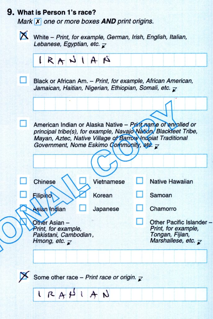 CENSUS — Question 9 on the Census questionaire asks for your race. PAAIA asks you to write in Iranian at either (or both) of the places shown here.