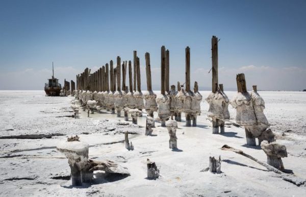 FAR FROM WATER — The remains of an old dock on Lake Urumiyeh is still far from the shoreline and the water.