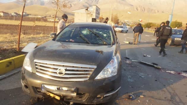 THE END — Blood spatters the pavement where Mohsen Fakhrizadeh lay beside his car after he was machinegunned by assassins