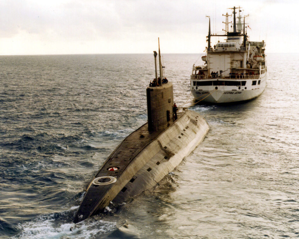 GETTING HELP — One of Iran’s Kilo-class subs is seen under tow a few years ago when it needed help.