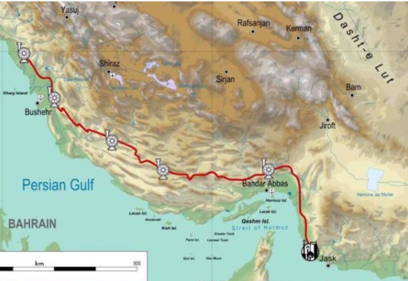 CHANGE - The red line shows the route of the new pipeline that will carry crude from the northern Persian Gulf, opposite the export terminal on Kharg Island, to the brand new terminal at Jask.