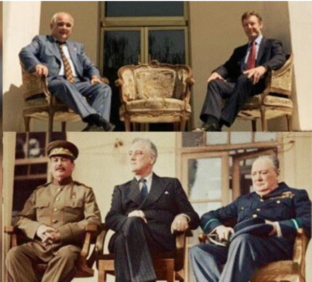 RECREATION — The Russian ambassador to Iran (upper left) and the British ambassador (upper right) used the same chairs on the same veranda as the Big Three at their 1943 conference in Tehran, much to Tehran’s irritation.