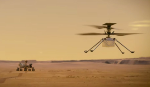 ON MARS — This artist’s concept shows the helicopter flying in the foreground with the rover in the background at left.