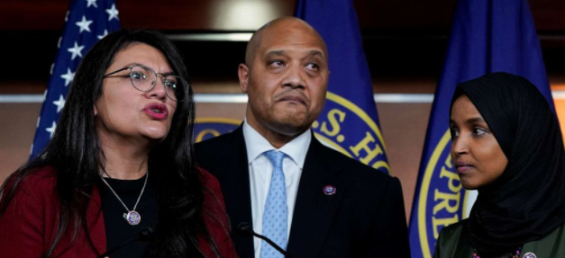 ANGRY — These are the three Muslim members of Congress: from left, Rep. Rashida Tlaib of Michigan, whose parents are Palestinian; Rep. Andre Carson of Indiana, a Black Muslim; and Rep. Ilhan Omar of Minnesota, an immigrant from Somalia. All three are Democrats.