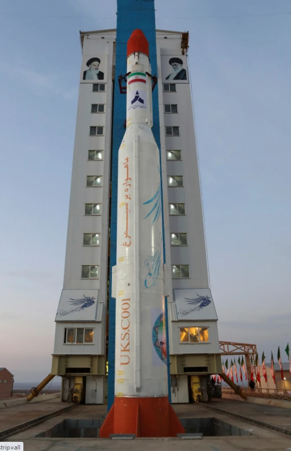 READY, SET — The Simorgh emerges from its preparation tower and is moved to its launch pad.