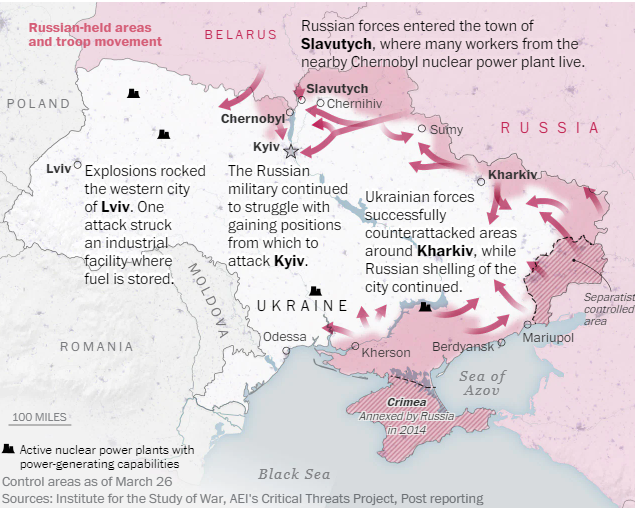 SEIZED — The dark red areas show the sections of Ukraine that have so far been occupied by the invading Russian forces.