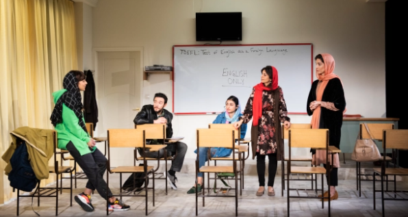 CLASS COMES TO ORDER — A classrom is the setting for “English,” a new play about four Iranians trying to learn English. From left to right, Tala Ashe as Elham, Hadi Tabbal as Omid, Ava Lalezarzadeh as Goli, Marjan Neshat as Marjan, the teacher, and Pooya Mohseni as Roya.