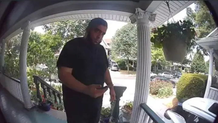 STALKER — Khalid Mehdiyev was photographed by a doorbell camera on the front porch of Masih Alinejad’s Brooklyn home. He was not carrying his rifle when he came onto the porch.